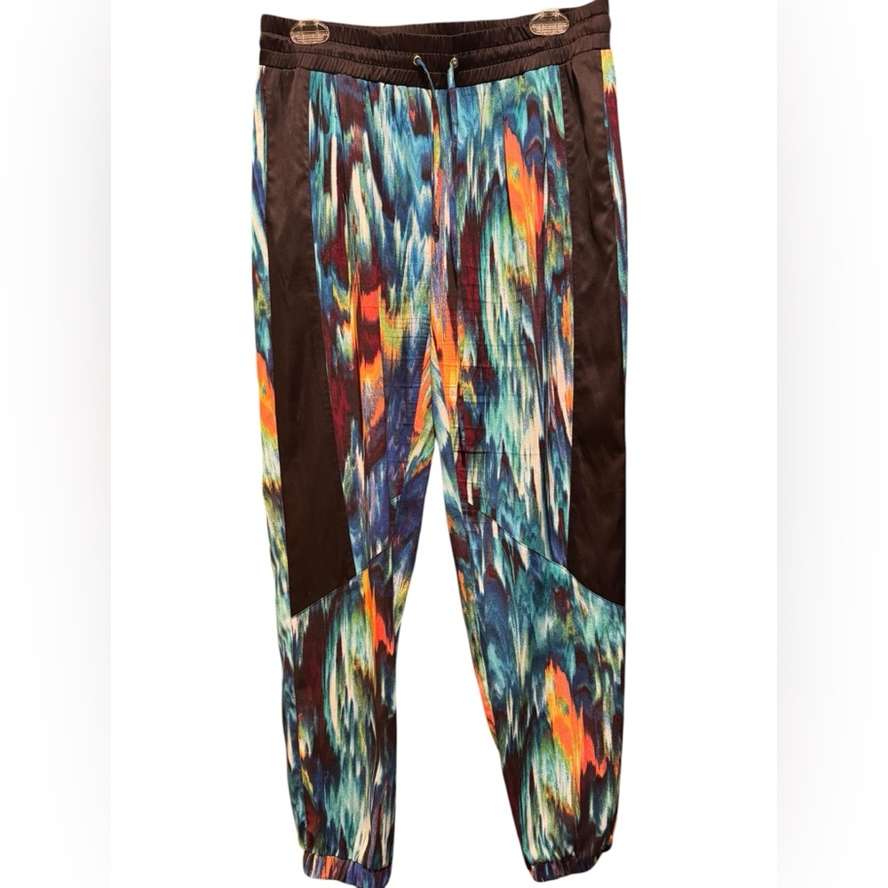 bebe Y2K Multicolor Abstract Print Joggers with Teal, Orange & Brown